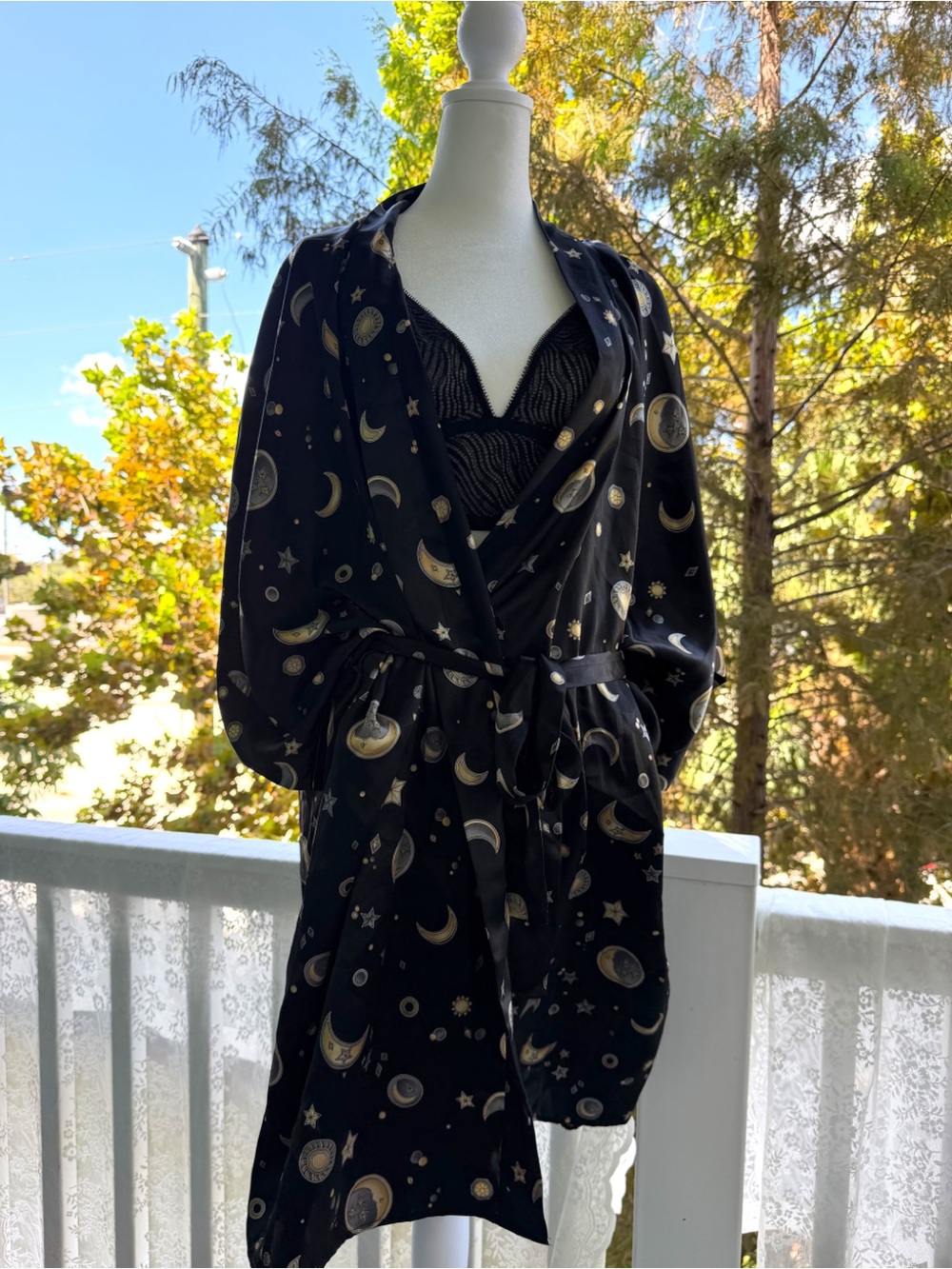 Vintage Morgan Taylor Black Satin Robe with Gold Celestial Print